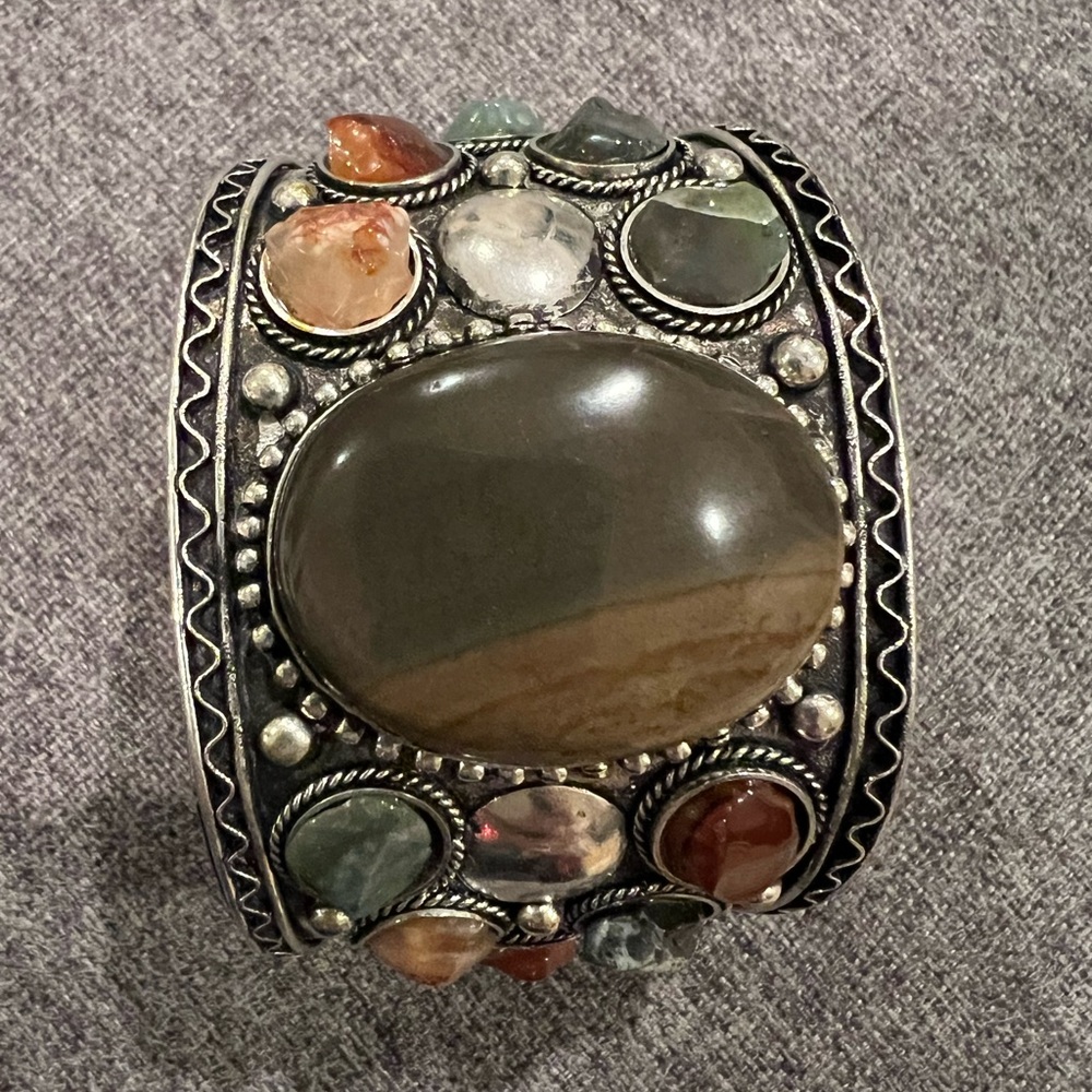 Beautiful Multi Colored Stone Silver Cuff Bracelet - image 1